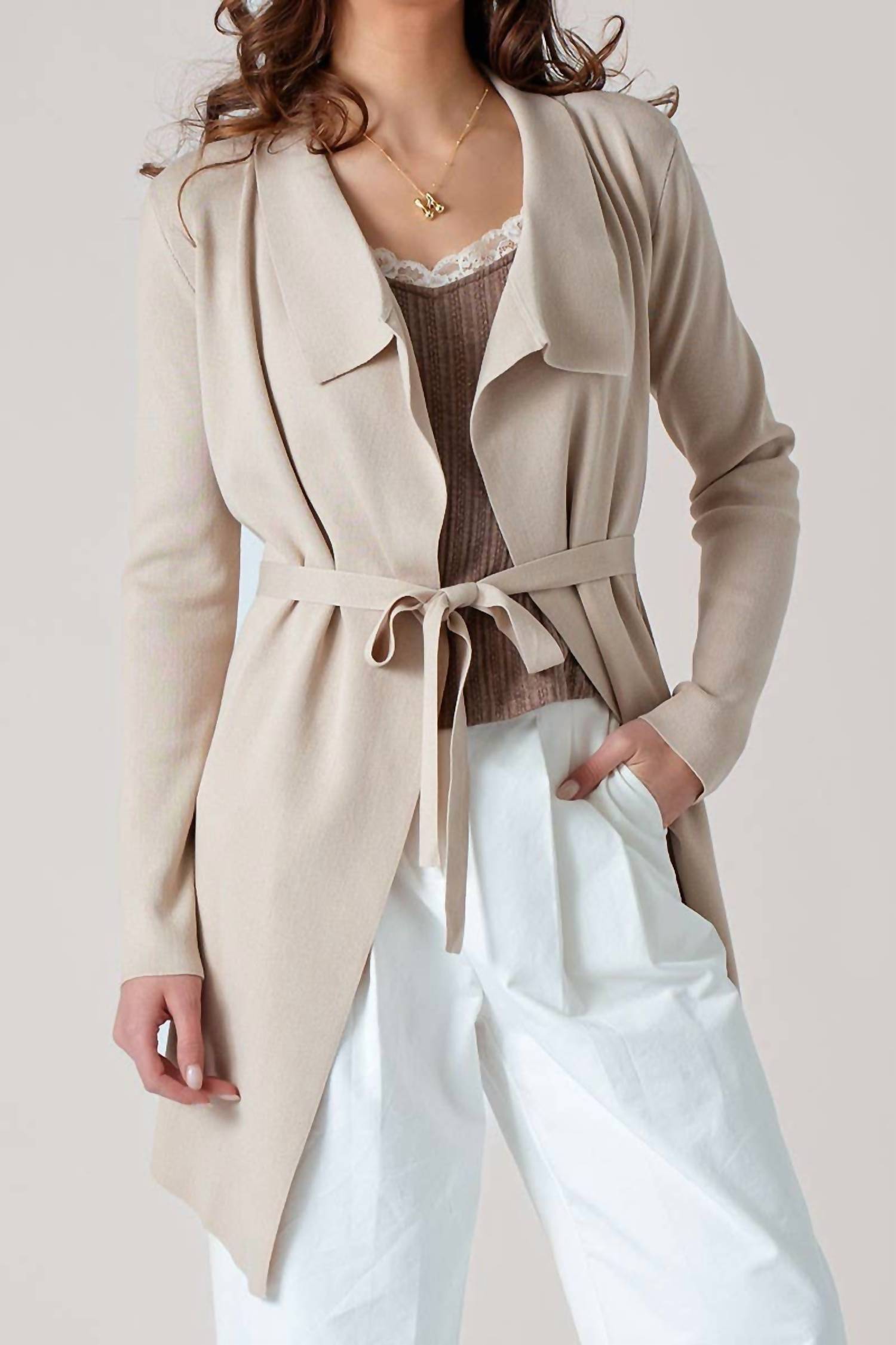 Urban Daizy Draped Front Long Sleeve Waist Tie Cardigan in taupe - women's cardigan - alternate view