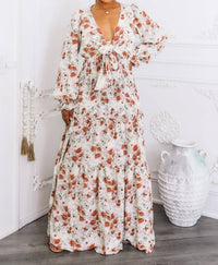 Surelymine - Floral Tie-Front Maxi Dress with Smocked Waist