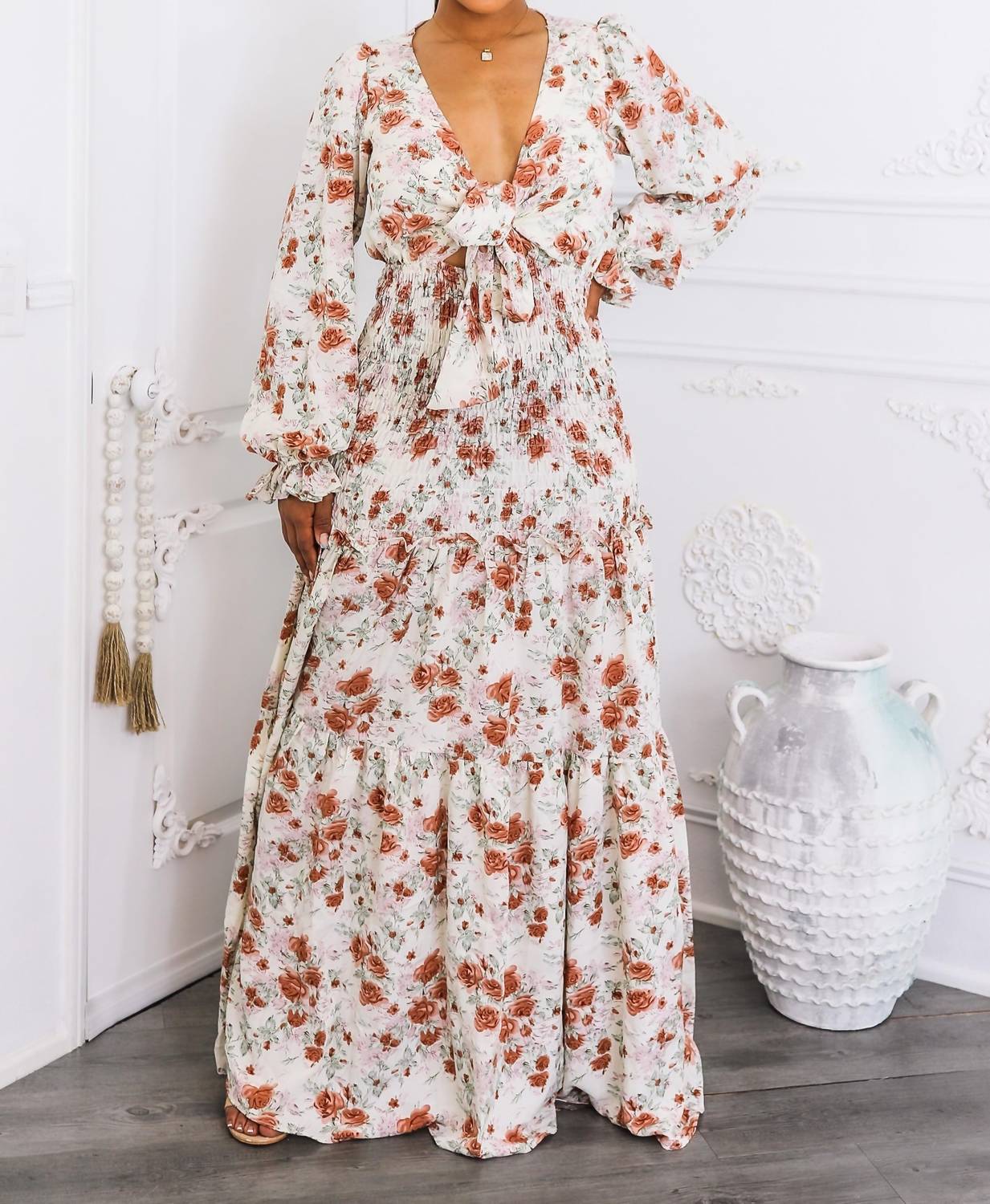 Surelymine - Floral Tie-Front Maxi Dress with Smocked Waist
