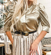 DEAR JOHN DENIM Rowan Puff Sleeve Button Down Blouse in gold - women's blouse - detail view