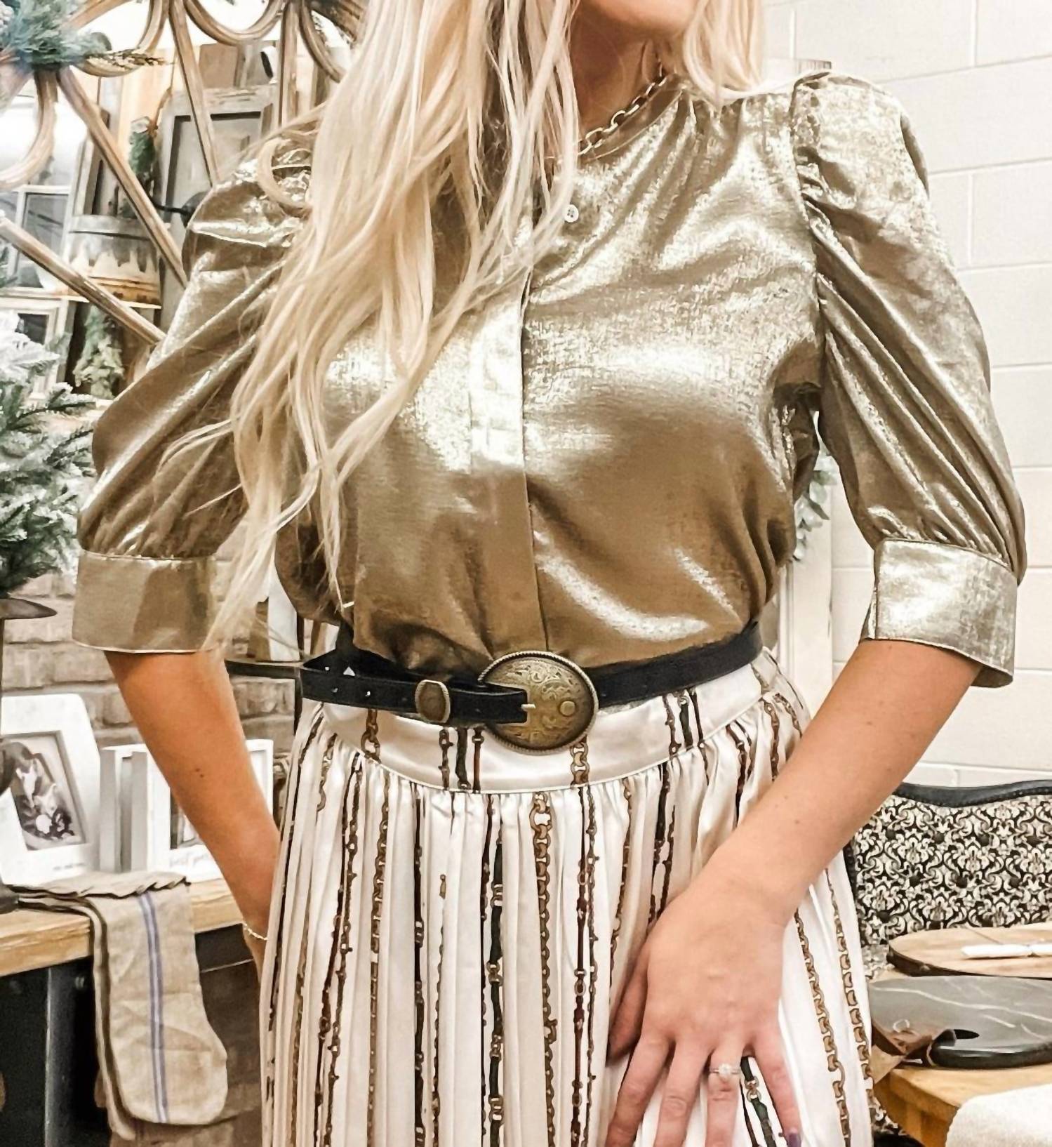 DEAR JOHN DENIM Rowan Puff Sleeve Button Down Blouse in gold - women's blouse - detail view