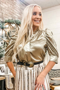 DEAR JOHN DENIM Rowan Puff Sleeve Button Down Blouse in gold - women's blouse - alternate view