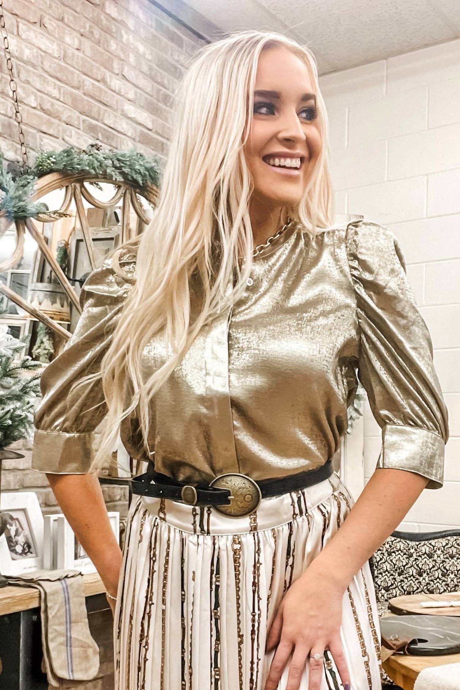DEAR JOHN DENIM Rowan Puff Sleeve Button Down Blouse in gold - women's blouse - alternate view