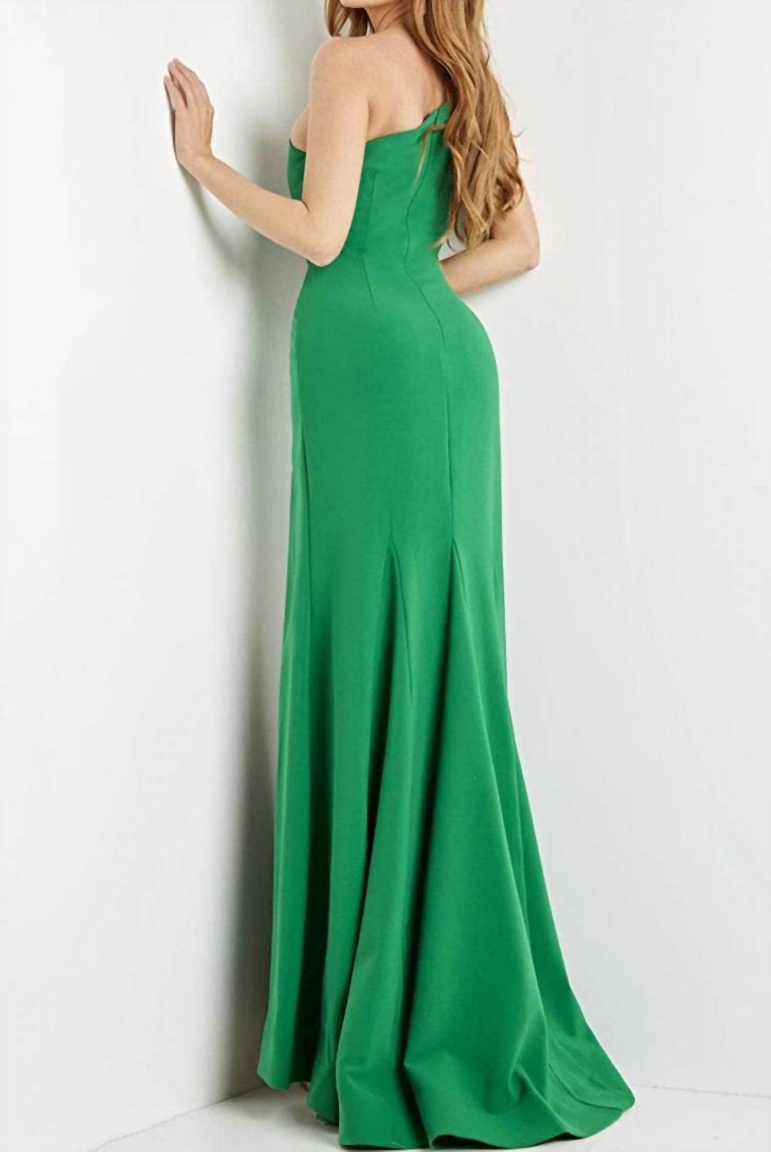 JOVANI One Shoulder Asymmetrical Gown in emerald - women's dress - alternate view