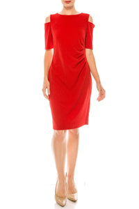 Ile Clothing - Side Pleat Cold Shoulder Sheath Dress