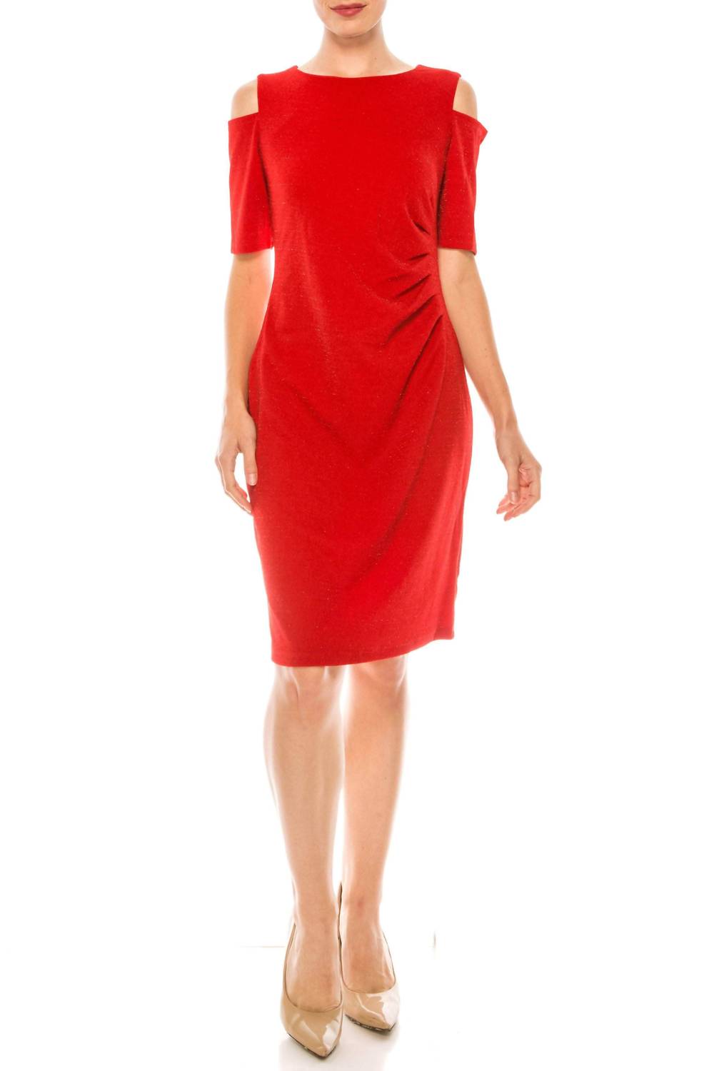 Ile Clothing - Side Pleat Cold Shoulder Sheath Dress