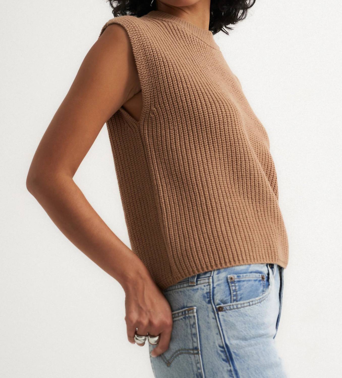 Callahan Shaker Knit Crewneck Muscle Tee in camel - women's shirt - alternate view