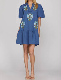 She + Sky - Embroidered Collar V-neck Dress