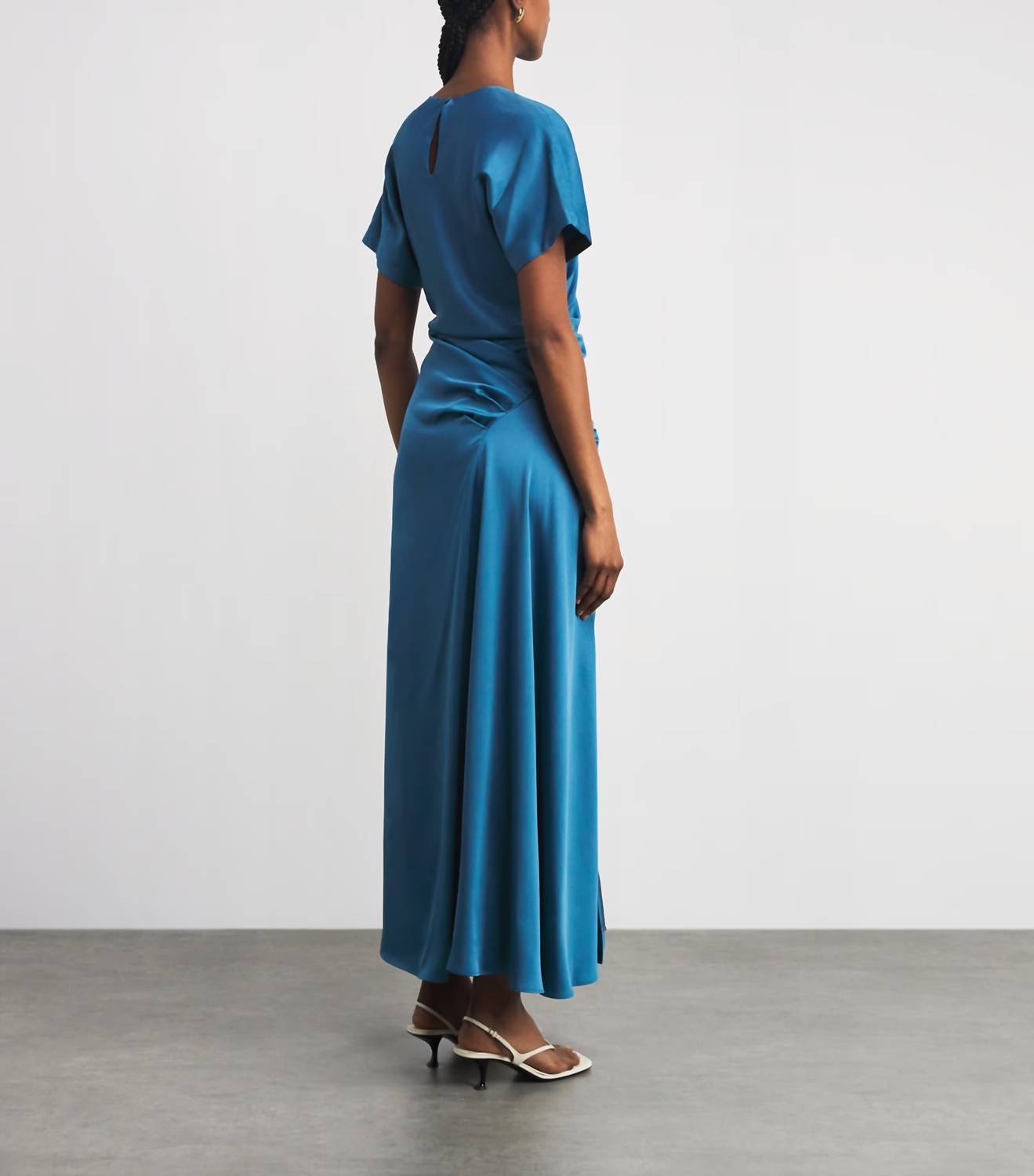 SIMKHAI Marabella Draped Midi Dress in washed indigo - women's dress - detail view