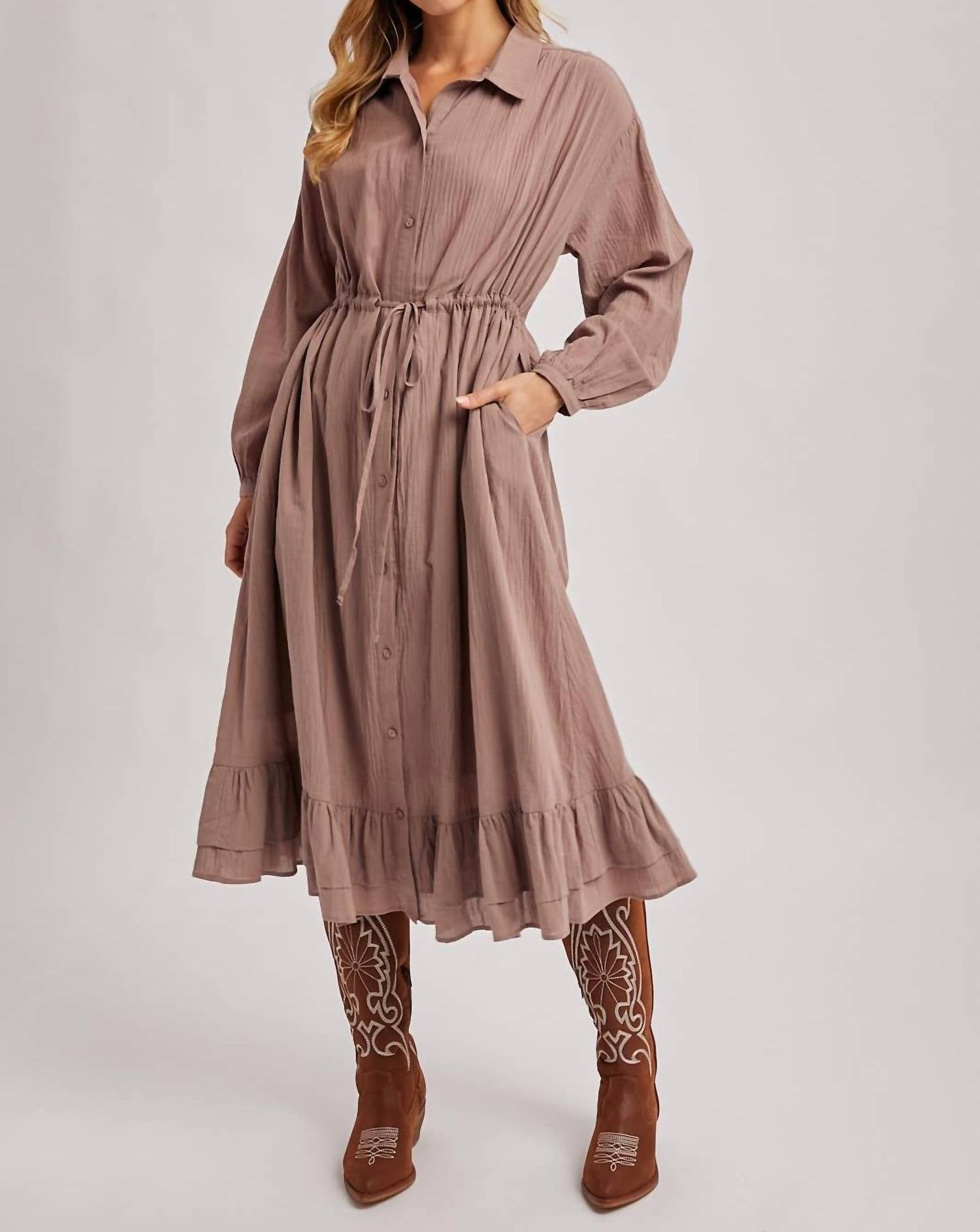 BluIvy Ruffled Midi Open Duster Shirt Dress in mauve - women's dress