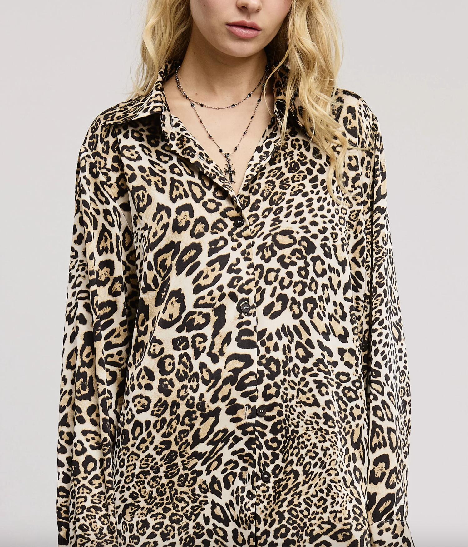 Mimosa - Leopard Silky Satin Button-Down Blouse