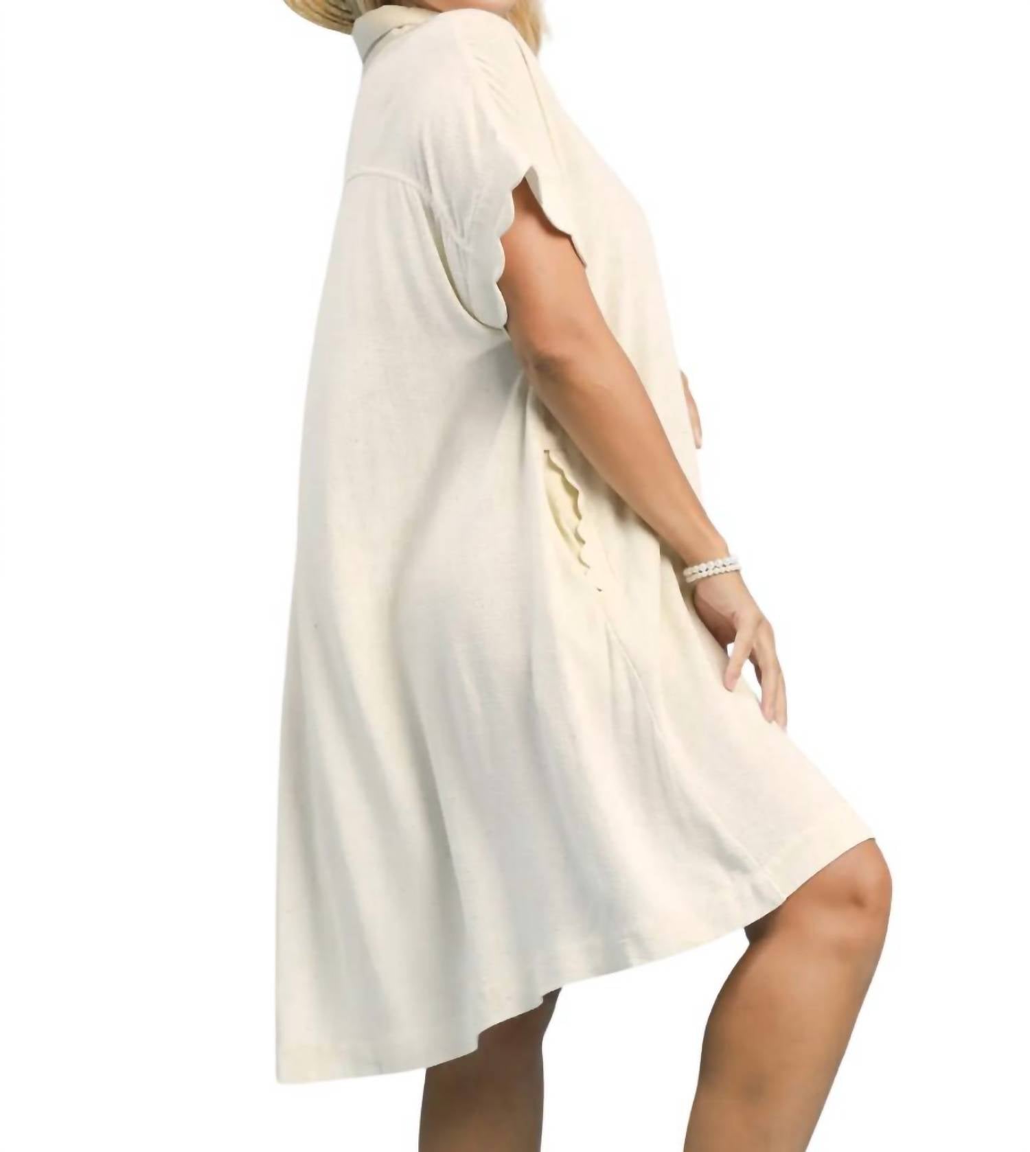 umgee Good Things Happen Linen Scallop Mini Dress - Plus in oatmeal - women's dress - alternate view