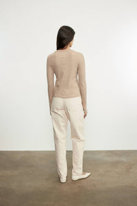 Enza Costa CASHMERE NEW CLASSIC LONG SLEEVE CREW TOP in khaki - women's sweater - detail view