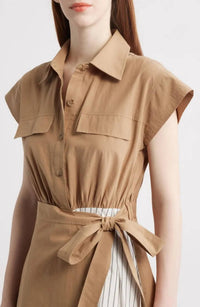 Zoe And Claire - Mixed Media Tie Waist Midi Shirtdress
