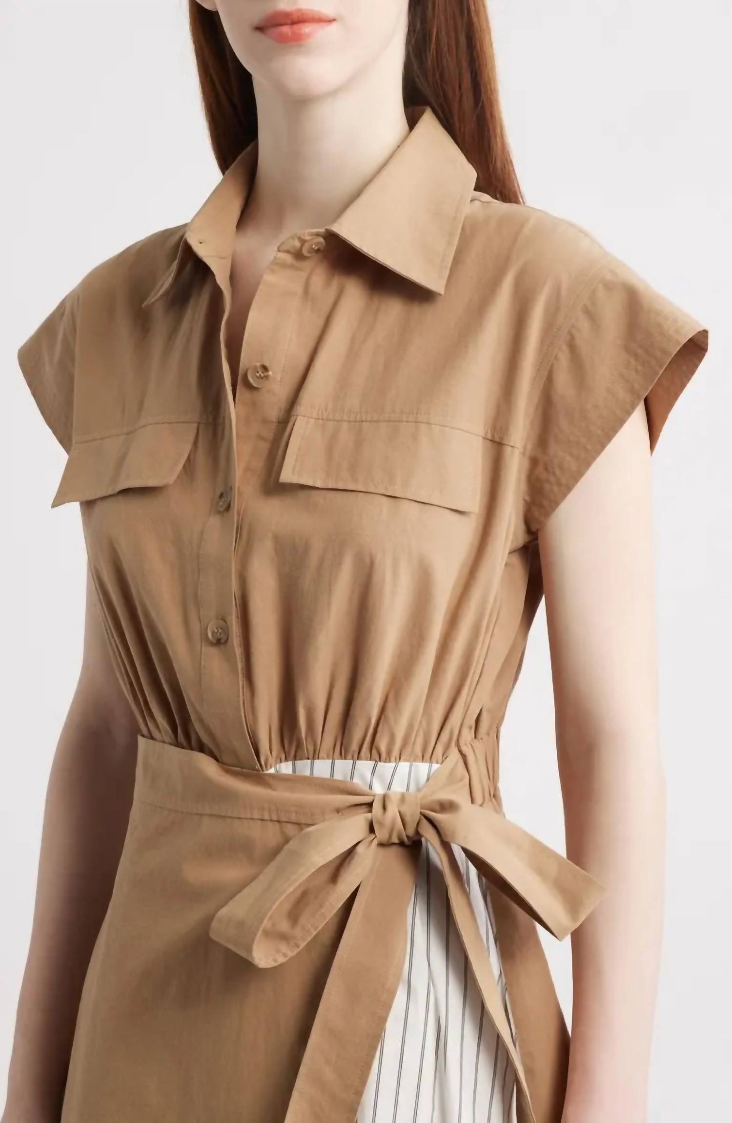 Zoe And Claire - Mixed Media Tie Waist Midi Shirtdress