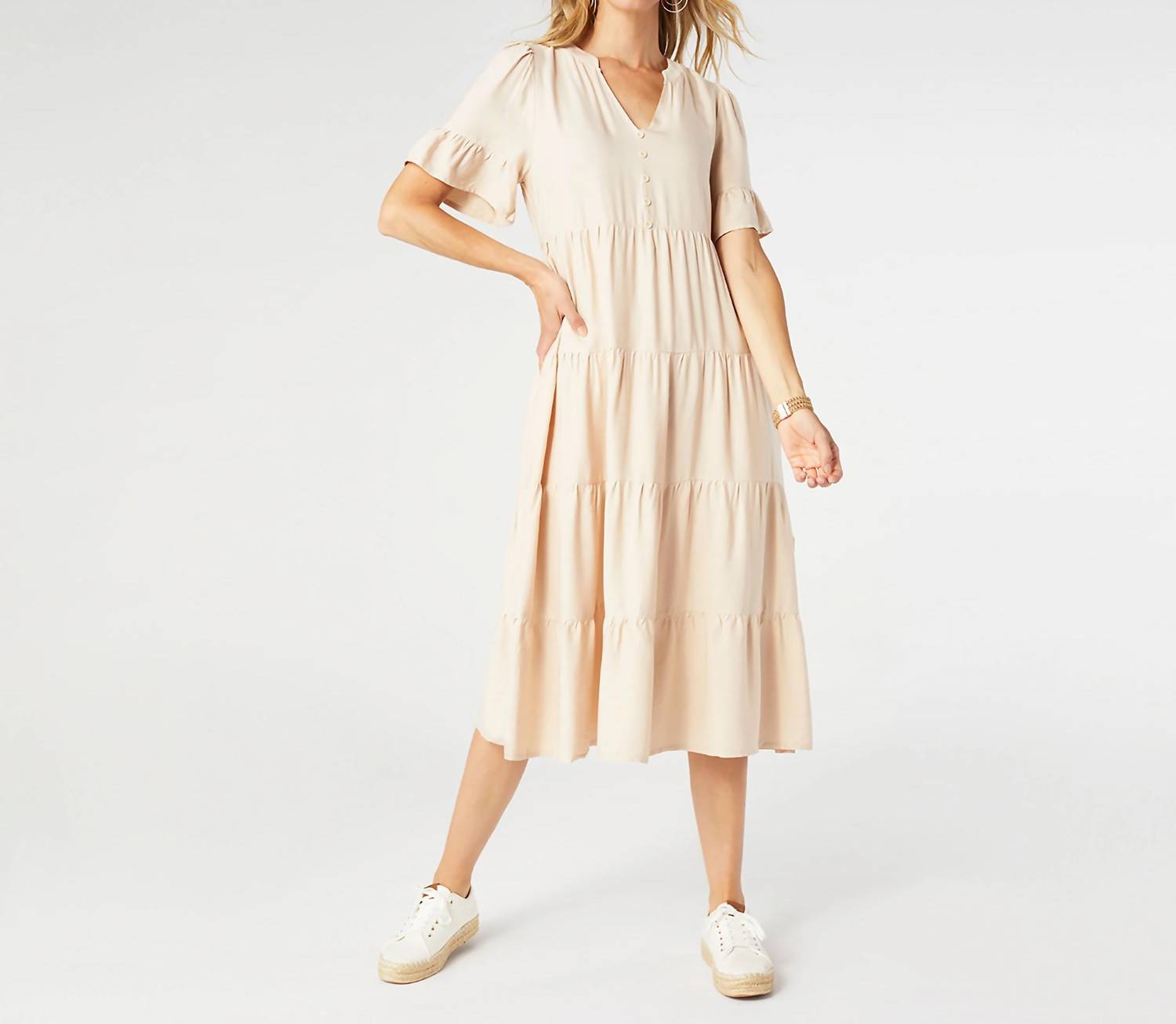 COCO + CARMEN Margaux Tiered Ruffle Sleeve Dress in natural - women's dress