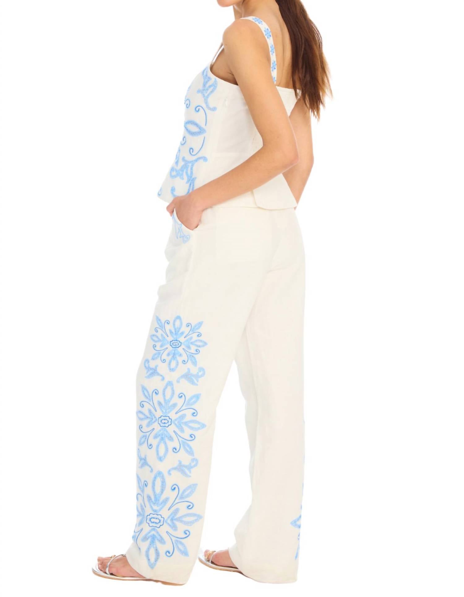 ALLISON NEW YORK Embroidered Audrey Pant in blue white - women's pants - view 8