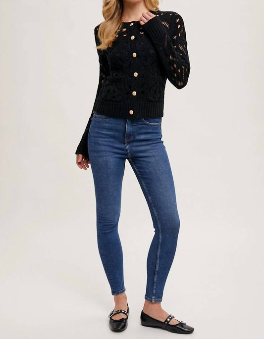 Bluivy - C02203-Crew Neck Button Down Pointelle Knit Cardigan