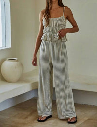 By Together - Woven Polyester Spandex Striped Peplum Crop Top