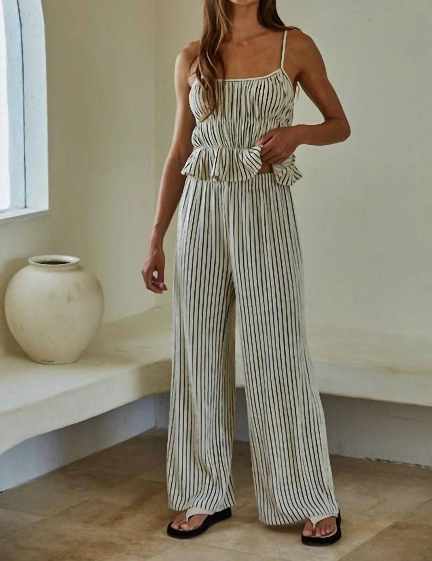 By Together - Woven Polyester Spandex Striped Peplum Crop Top
