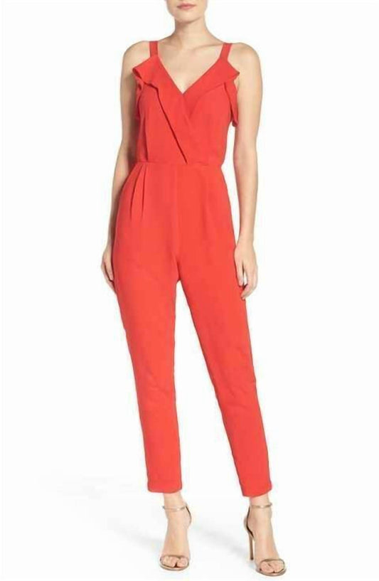 Adelyn Rae - Crepe V Neck Ruffle Accent Jumpsuit