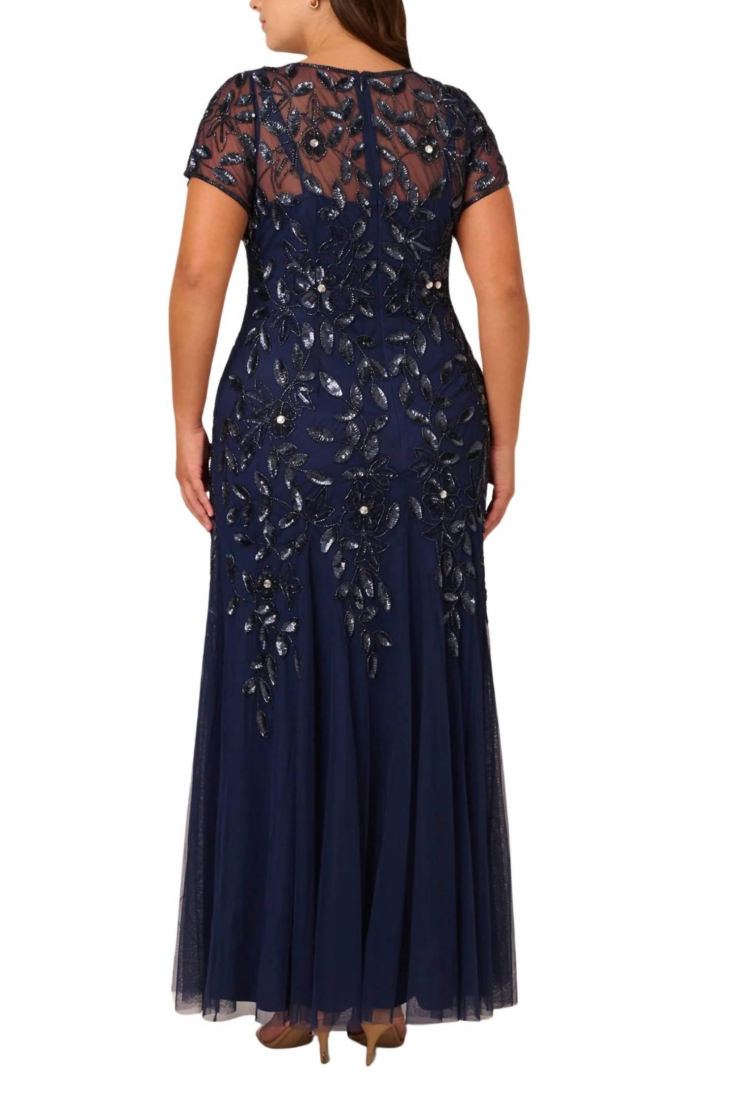 Adrianna Papell - Boat Neck Long Beaded Mesh Dress - Plus