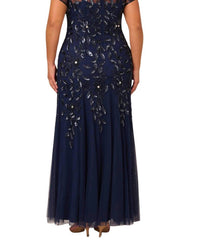 Adrianna Papell - Boat Neck Long Beaded Mesh Dress - Plus