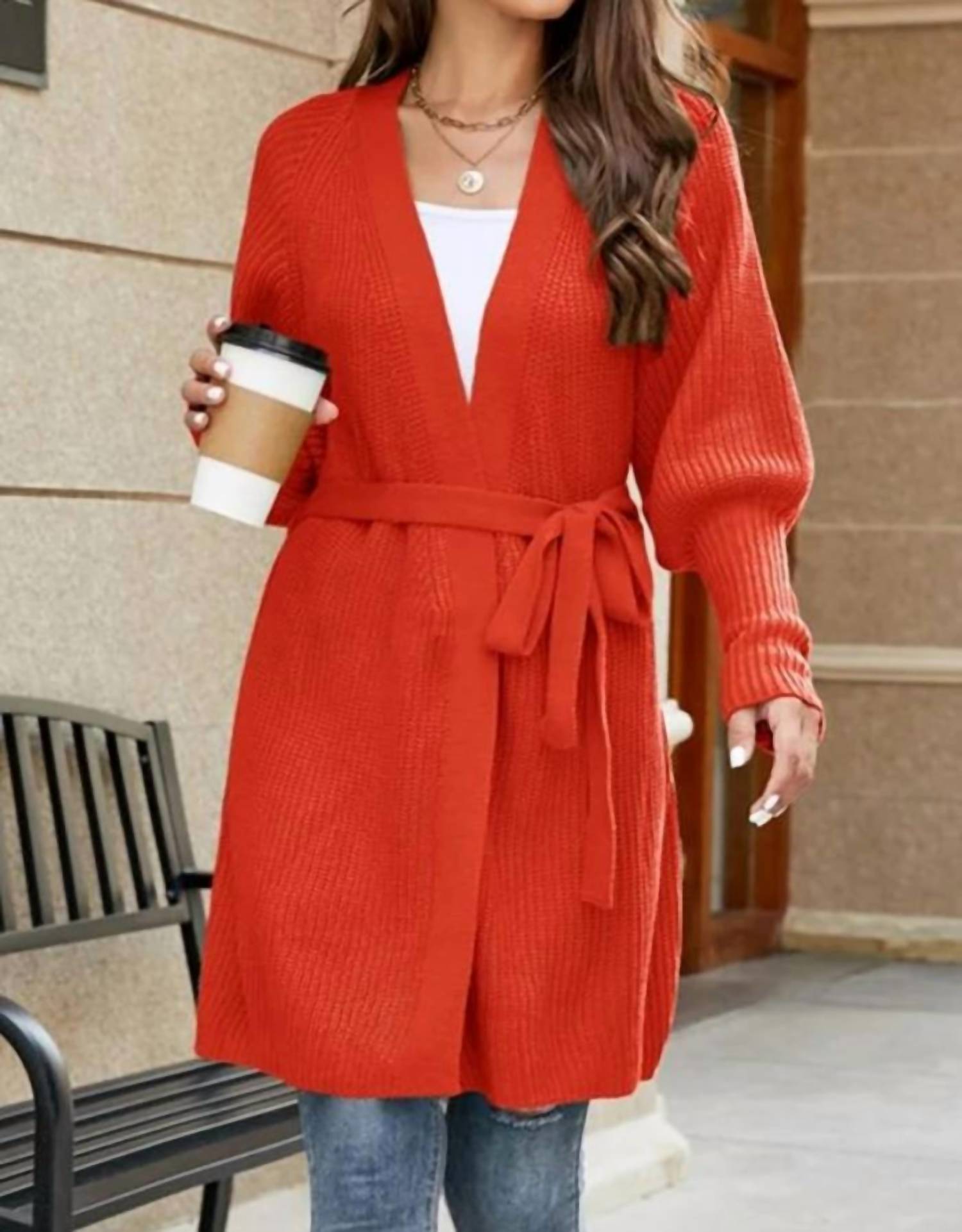 Lily Clothing - Women's Fitted Rib Cuff Open Front Knit Cardigan