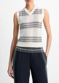 Vince Featherweight Plaid Wool Sweater Vest in off white coastal blue - women's jacket