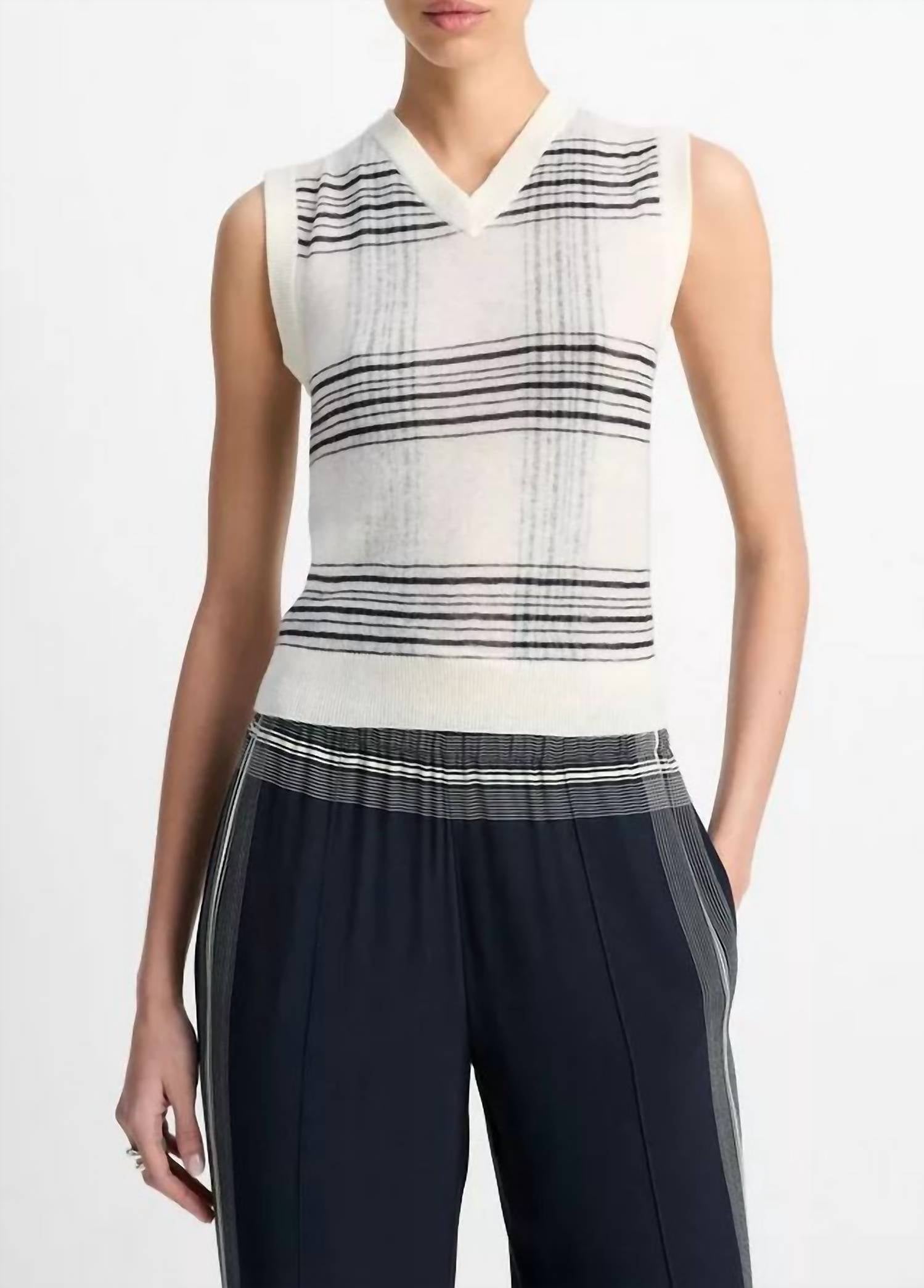 Vince Featherweight Plaid Wool Sweater Vest in off white coastal blue - women's jacket