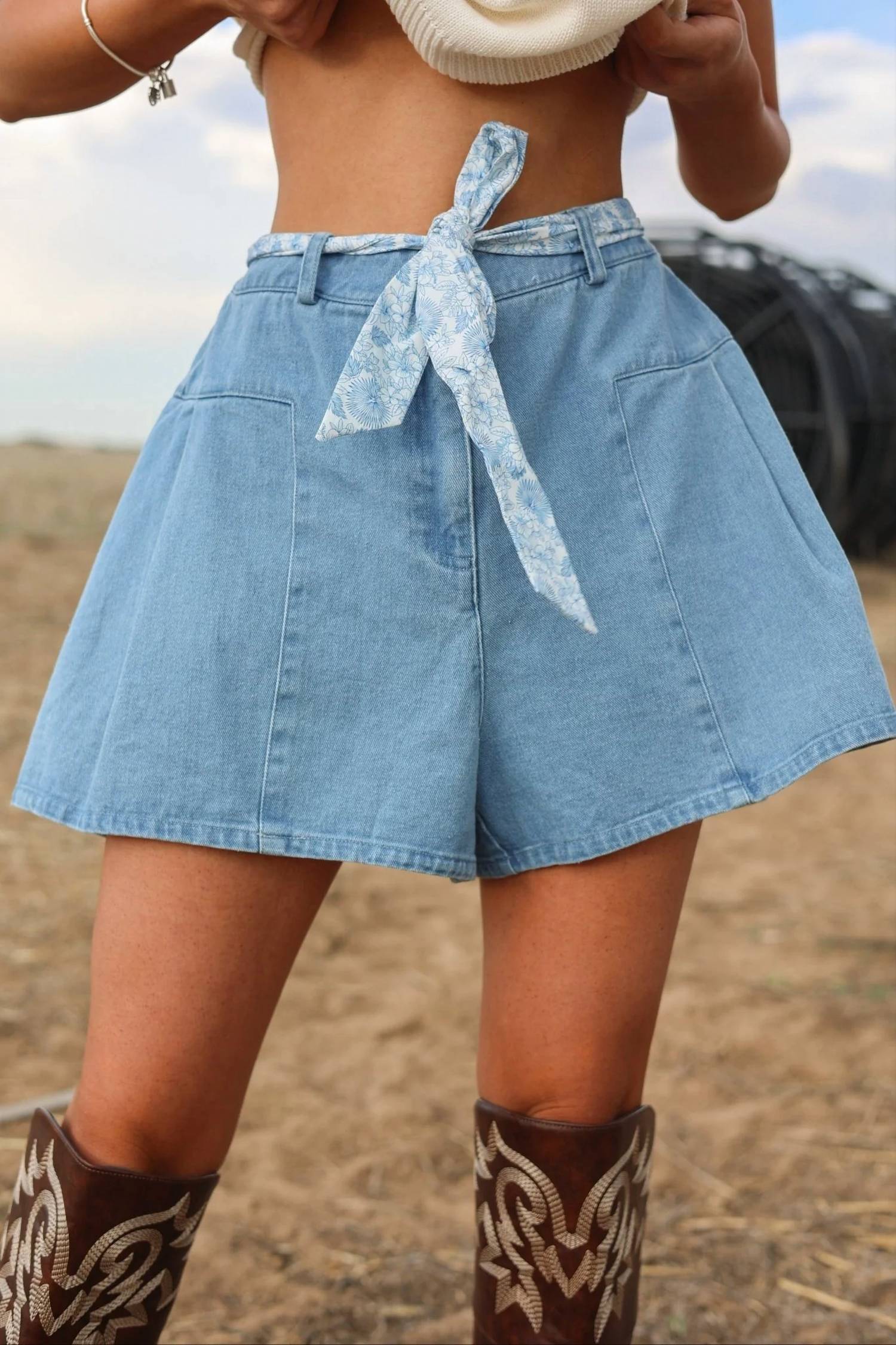&Merci - Savannah High-rise Flounce Denim Shorts With Floral Sash