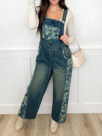 Easel - Floral Print Patchwork Overalls