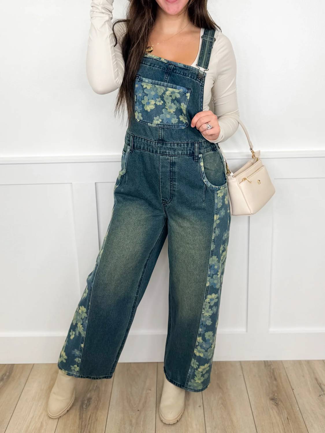 Easel - Floral Print Patchwork Overalls