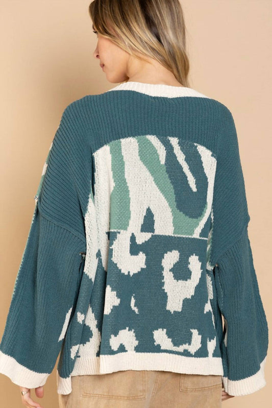 Pol - Solid Color Block & Camo Sweater