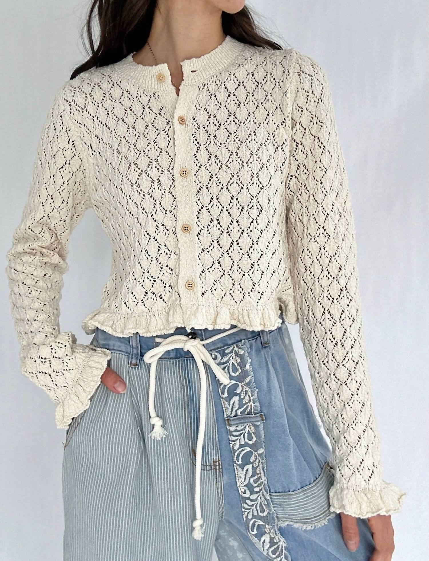 Peach Love Eyelet Knit Ruffle Hem Cardigan in white - women's cardigan