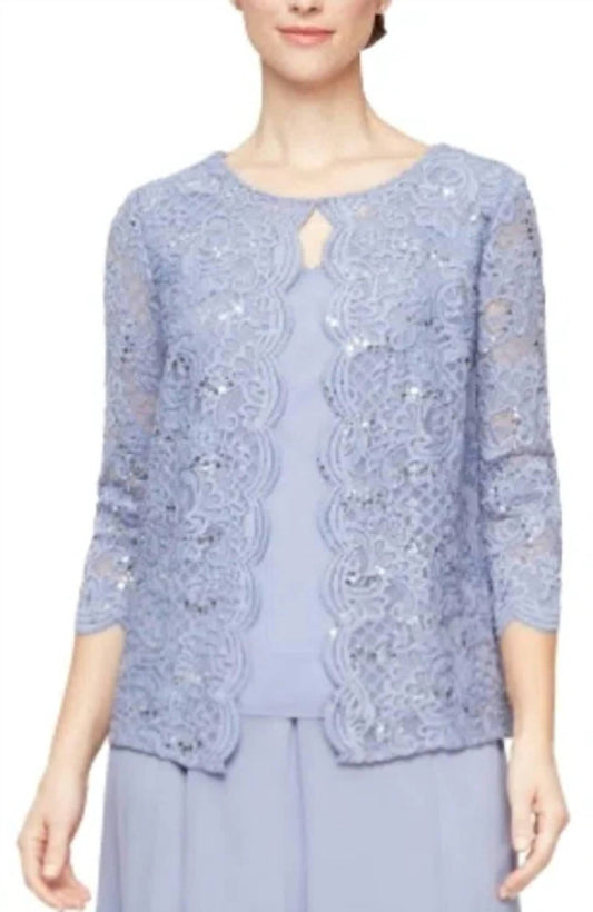 Alex Evenings - Sequin Lace Chiffon Scallop Trim Detail Faux Twinset