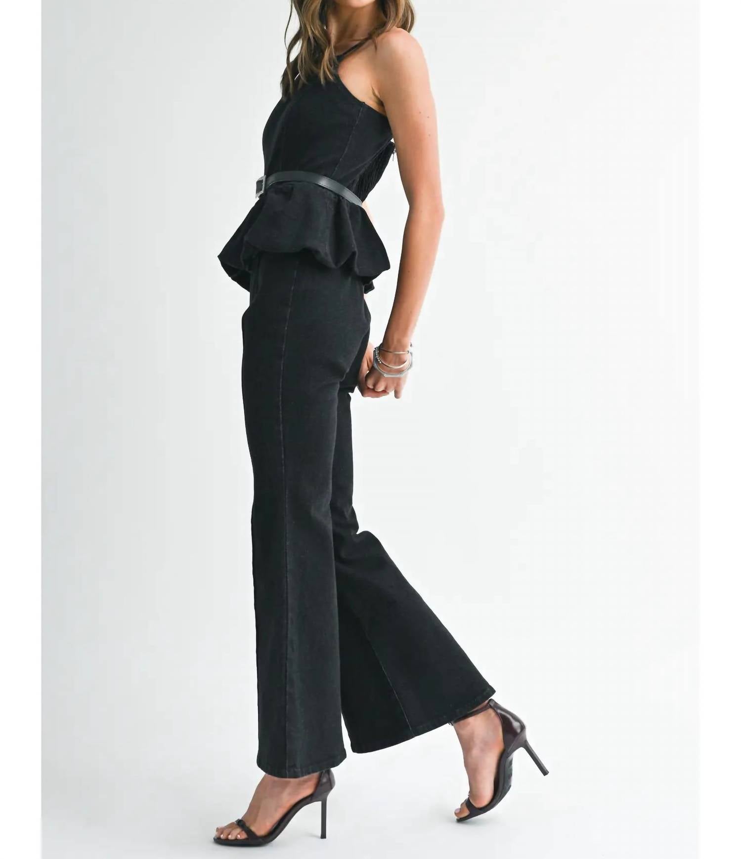 Endless Blu. - Rhinestone Belted Boot Cut Romper
