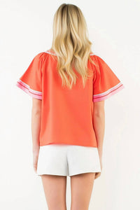 Thml - Women's Contrast Trim Wide Sleeve V Neck Top