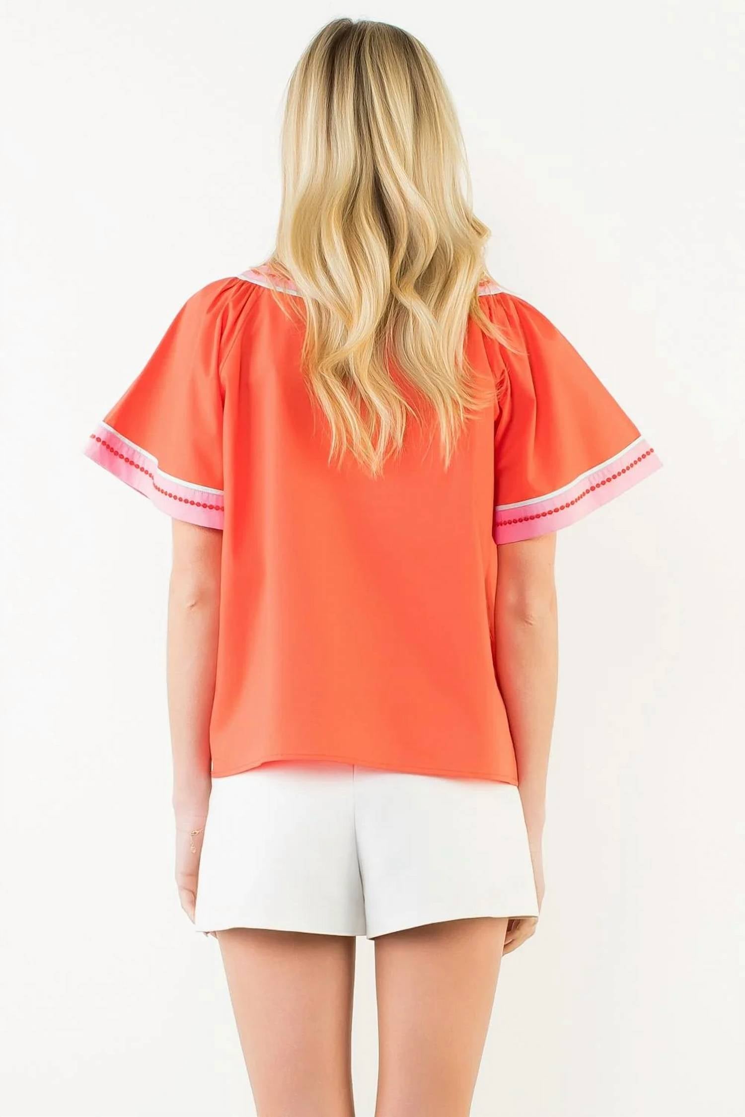 Thml - Women's Contrast Trim Wide Sleeve V Neck Top