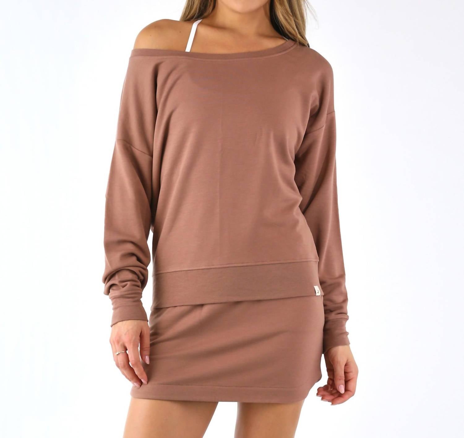 glyder Off Shoulder Long Sleeve Top in mocha - women's top