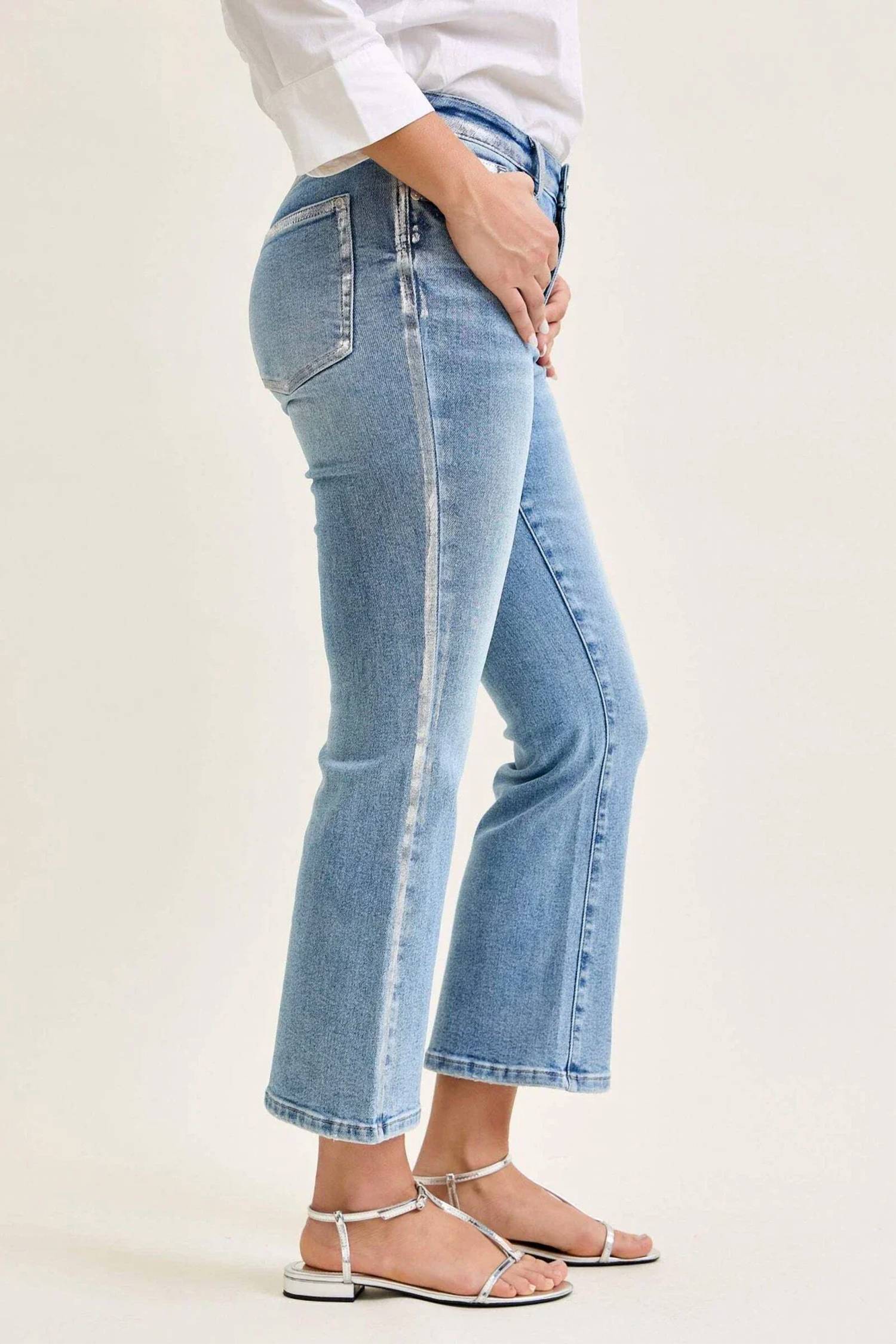 Boutique Simplified - Mid Rise Metallic Foiled Seam Kick Flare Denim Jeans