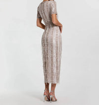 Mac Duggal - High Neck Short Sleeve Crystal Fringe Sheath Dress