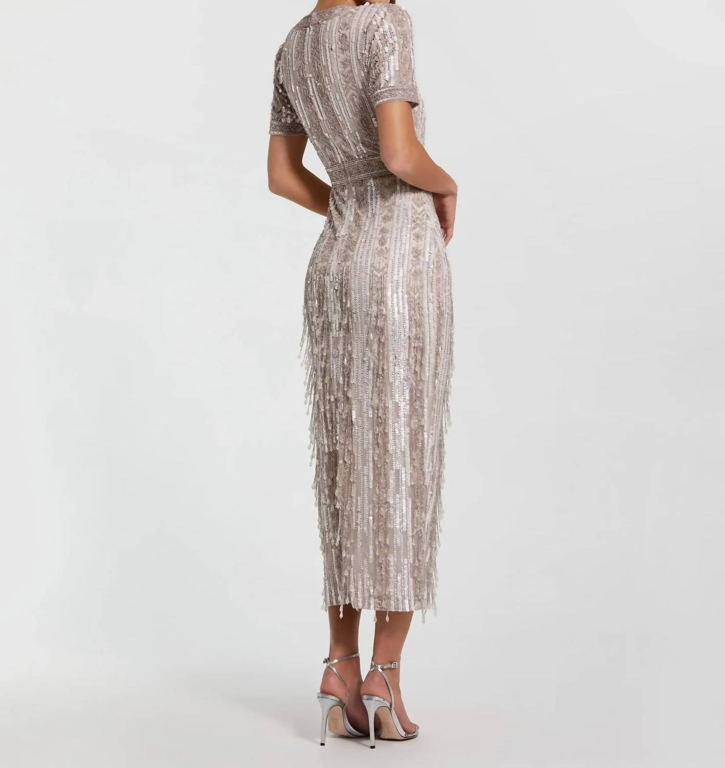 Mac Duggal - High Neck Short Sleeve Crystal Fringe Sheath Dress