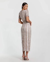 Mac Duggal - High Neck Short Sleeve Crystal Fringe Sheath Dress