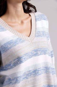 Minnie Rose - Cotton Cashmere Marl Stripe Boxy V-neck Sweater
