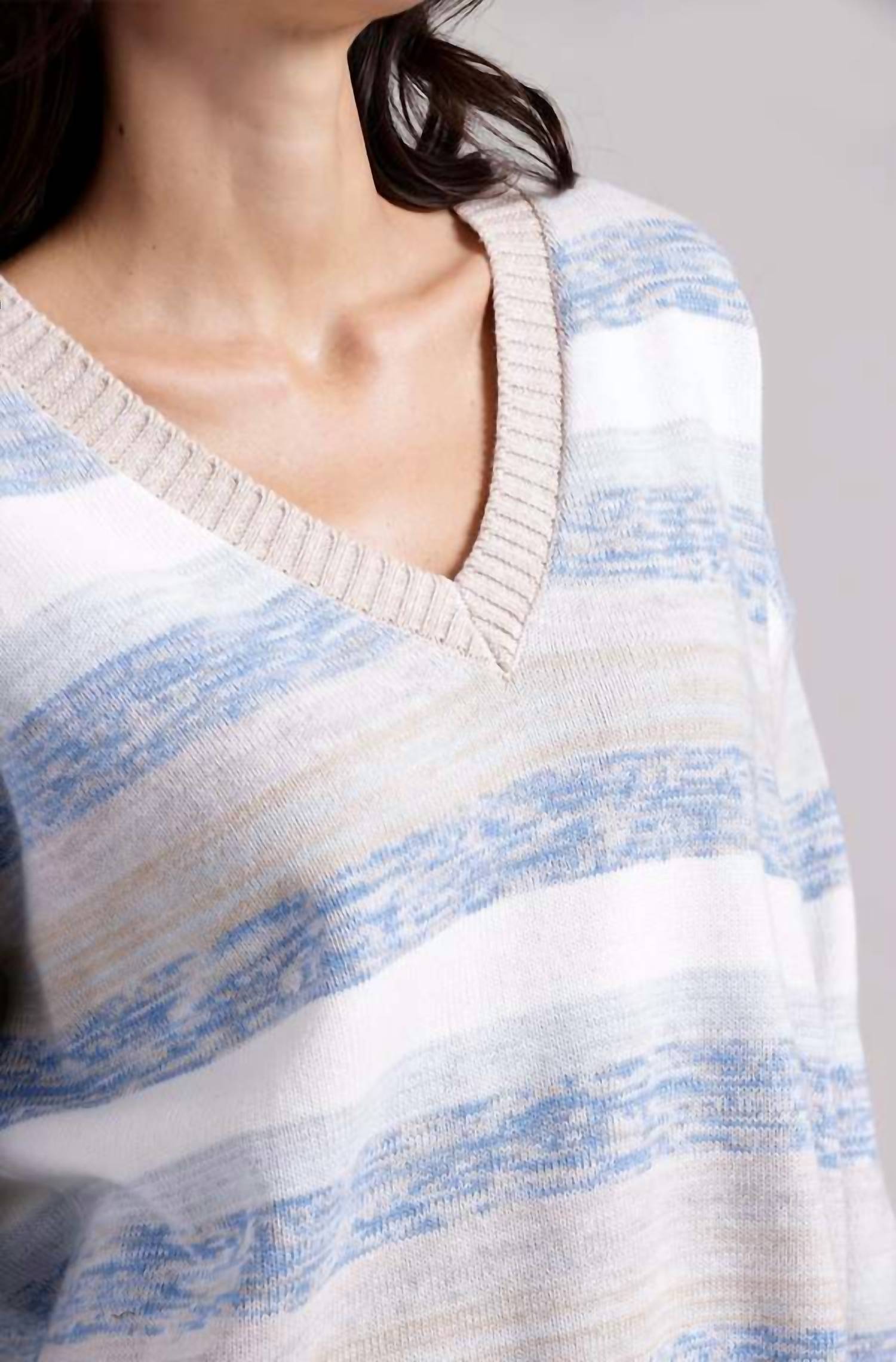 Minnie Rose - Cotton Cashmere Marl Stripe Boxy V-neck Sweater