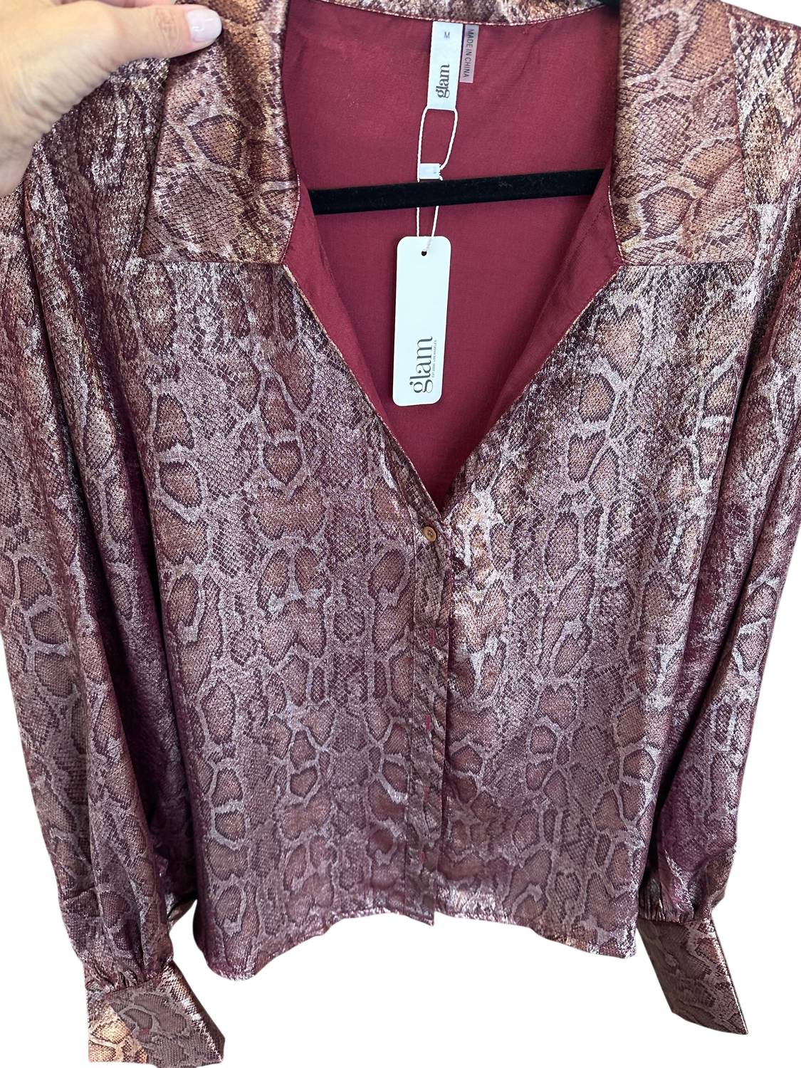 GLAM Women's Snakeskin Long Sleeve Blouse in burgundy - women's blouse