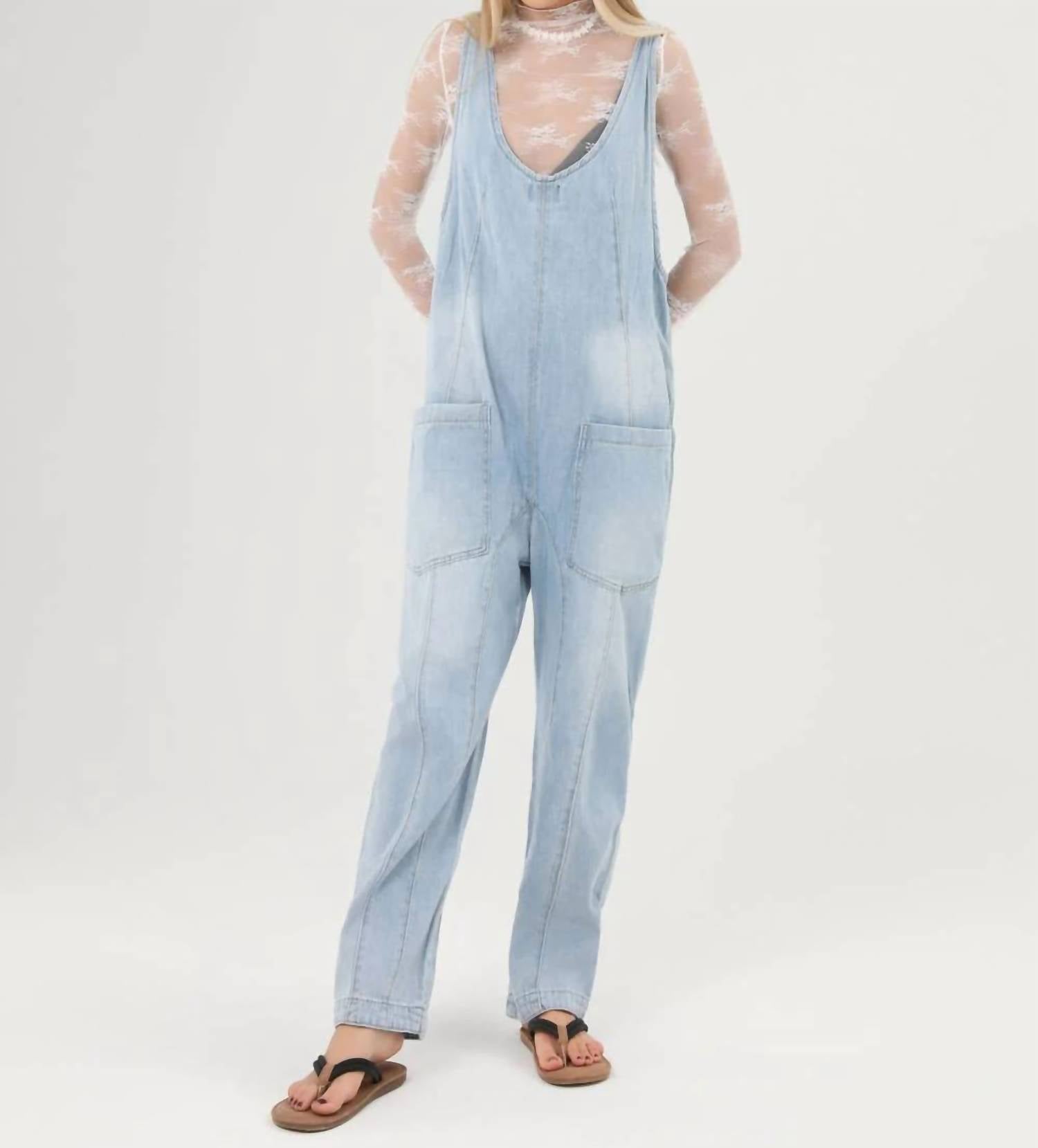 Sweetkama - Denim Adjustable Shoulder High Roller Jumpsuit