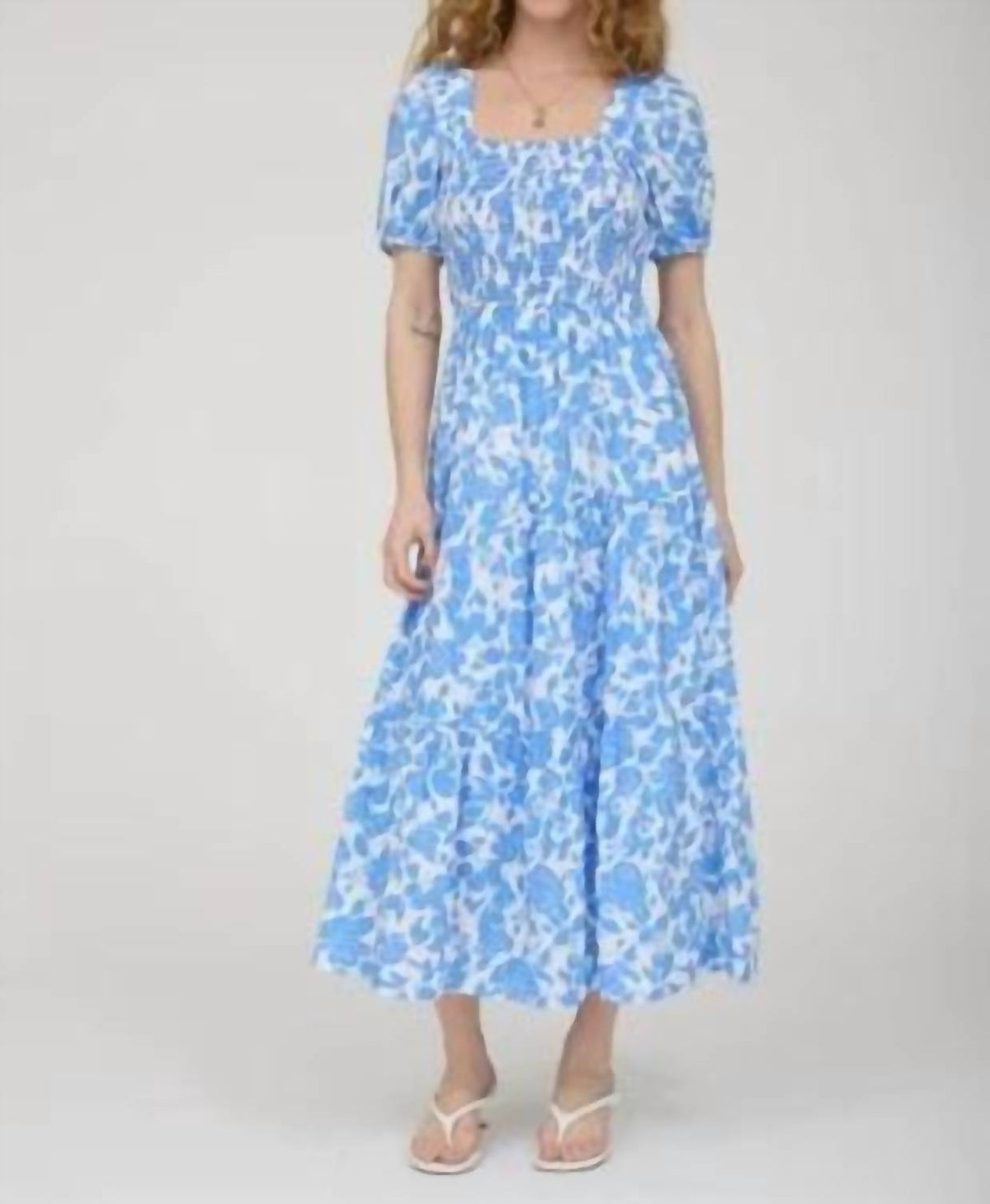 August Sky - Floral Puff Sleeve Smocked Tiered Midi Dress