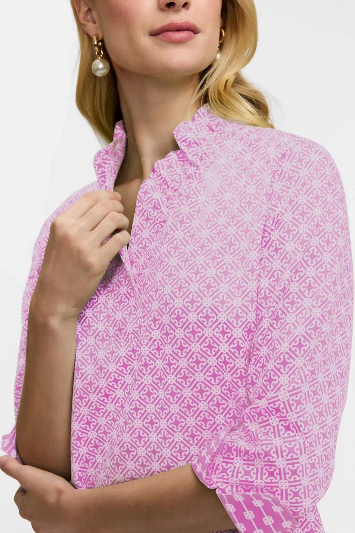 Foxcroft - Tammy Geo Lattice 3/4 Sleeve Popover Shirt